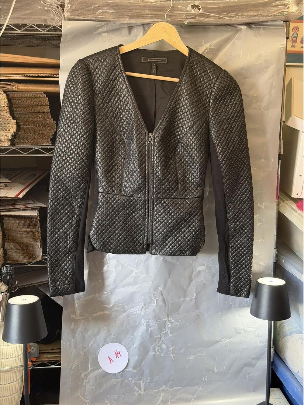 BCBGMAXAZRIA Black Quilted Peplum Faux Leather Jacket Women's XXS V-Neck Zip Fro